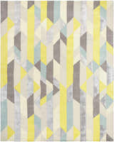 Close-up of the Zoie Area Rug featuring a geometric pattern in camel, gray, lambswool, and saffron hues. Design-Rectangle-810