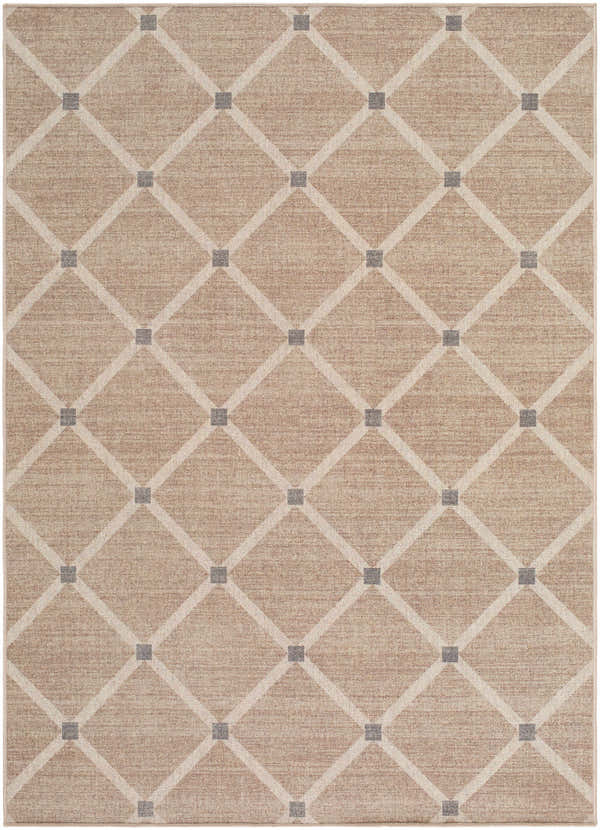 Close-up of Alpana Washable Wool Area Rug featuring a beige, ivory, and slate gray diamond trellis pattern. Design-Rectangle-57
