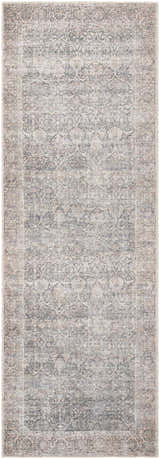 Close-up of the Ohoud Washable Area Rug. Machine-woven rug in gray and cream with a traditional, distressed pattern. Design-Runner-27710