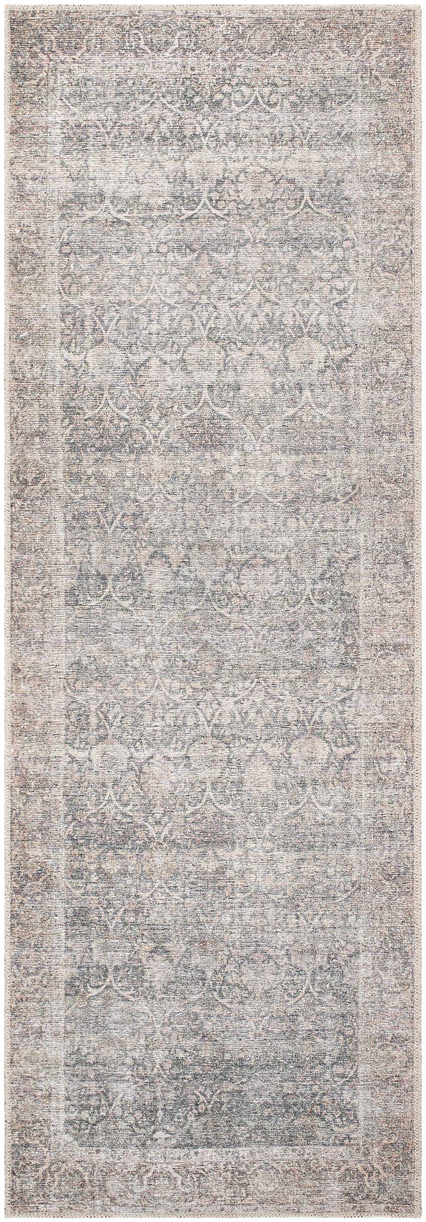 Close-up of the Ohoud Washable Area Rug. Machine-woven rug in gray and cream with a traditional, distressed pattern. Design-Runner-27710