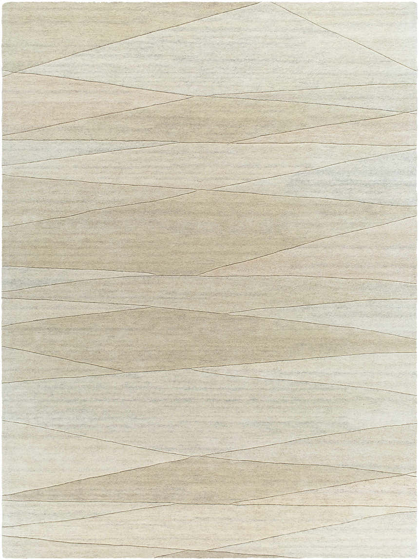 Close-up of the Susie Modern Wool Rug, featuring a contemporary geometric pattern in ash and tan hues. Design-Rectangle-811
