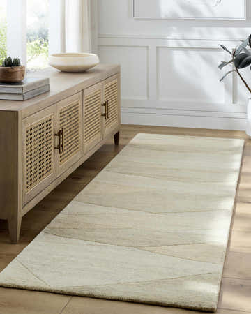 Entryway with tan Susie Modern Wool Rug, wood floors, and console table with woven cane doors. Roomscene-Runner