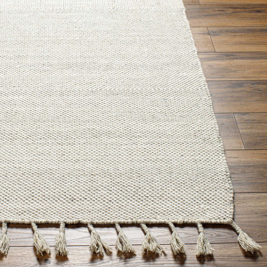 Close-up of the hand woven Abhay Beige Wool Area Rug with tassels on dark brown wood flooring. Front