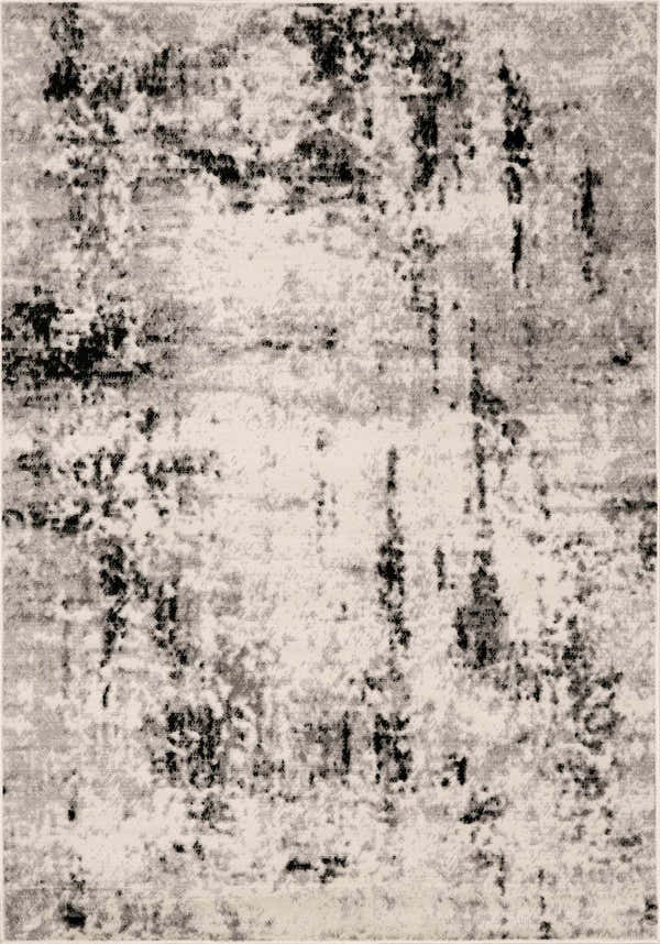 Close-up of the Swansboro Area Rug. Contemporary design in black, charcoal, light gray, and off-white tones. Machine woven texture. Design-Rectangle