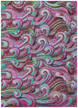 Close-up of Dalyn Seabreeze SZ14 Scarlett Washable Area Rug. Swirling mosaic pattern in scarlet, pink, green, and chestnut.