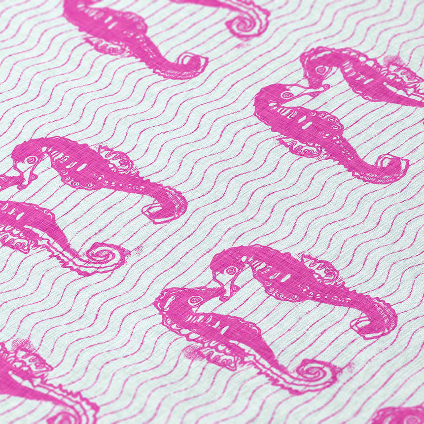 Close-up of Dalyn Seabreeze SZ15 Flamingo rug. Fuchsia seahorse pattern on a silver gray wavy striped background.