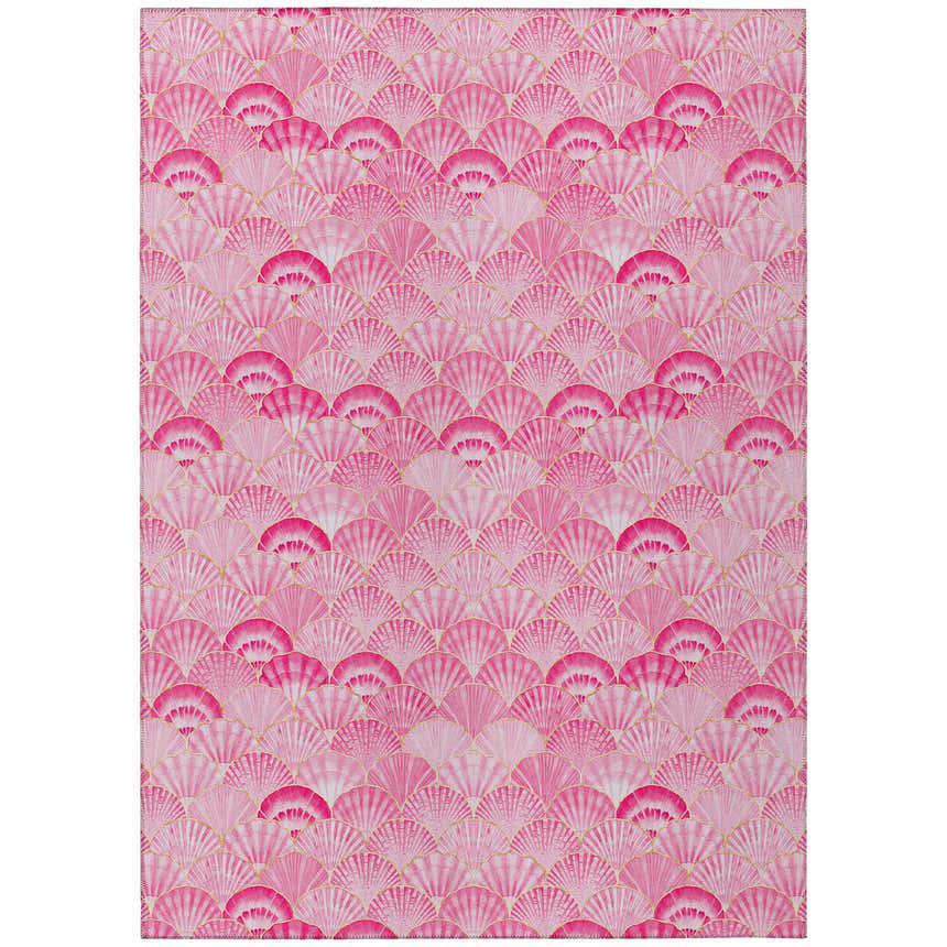 Close-up of the Dalyn Seabreeze SZ2 Blush Washable Area Rug featuring a pink seashell pattern with gold accents.