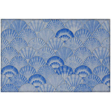 Close-up of Dalyn Seabreeze Navy Washable Area Rug featuring a blue seashell pattern. Coastal style.
