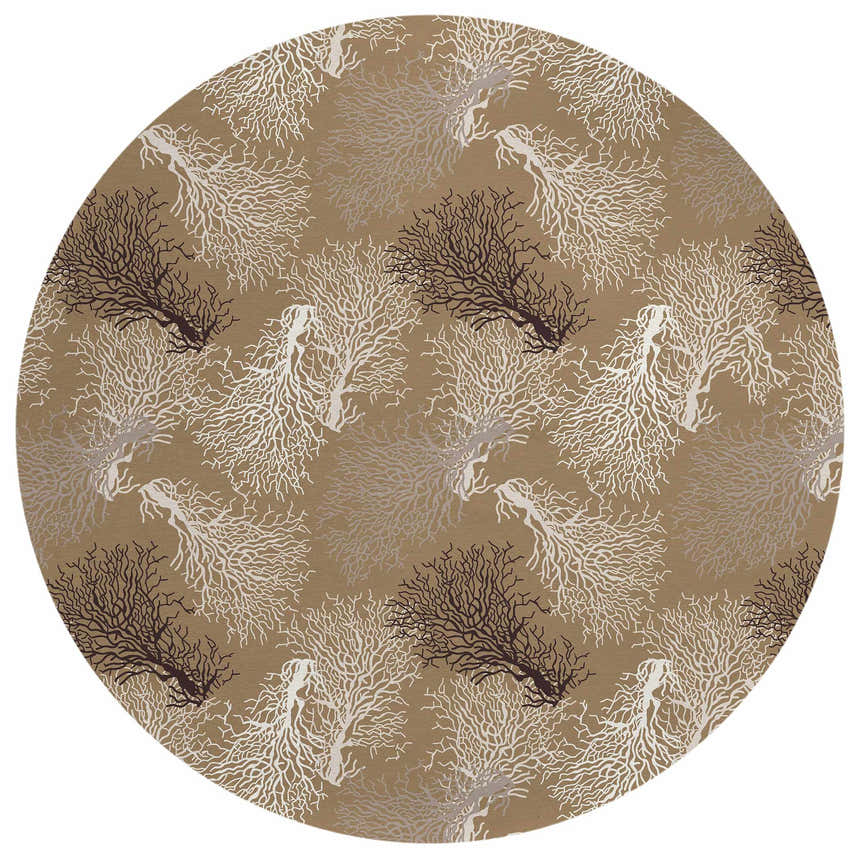 Close-up of the round Dalyn Seabreeze Taupe Washable Area Rug. Features a beige background with coral branch pattern in black, ivory.