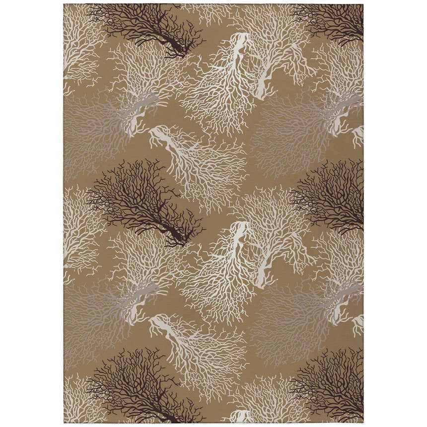 Dalyn Seabreeze SZ3 Taupe Washable Area Rug with beige, black, and ivory coral branch pattern. Coastal style.