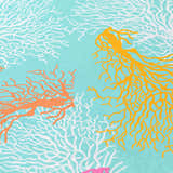 Close-up of Dalyn Seabreeze Teal Washable Area Rug featuring coral design in teal, burnt, off-white, pink, and yellow.