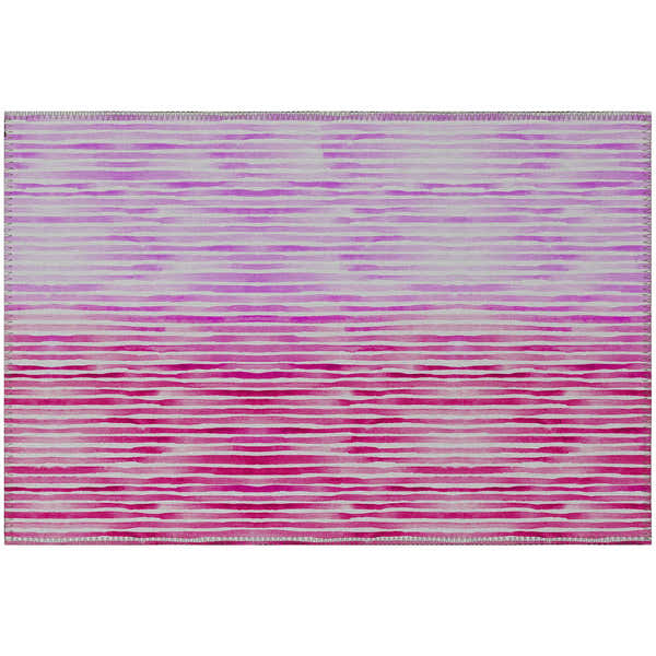 Dalyn Seabreeze SZ8 Blush rug with pink, magenta, and red horizontal watercolor stripes. Machine-made polyester rug.