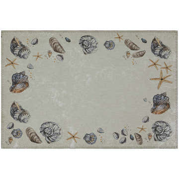 Close-up of the Dalyn Seabreeze SZ9 Ivory Washable Area Rug featuring a coastal seashell and starfish pattern.