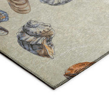 Close-up of Dalyn Seabreeze SZ9 Ivory Washable Area Rug. Coastal style rug with beige background and seashell pattern.