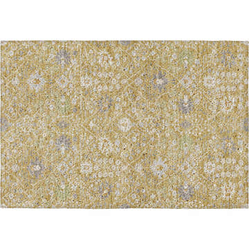 Close-up of Dalyn Luxury Indoor/Outdoor Tabrook TB12 Gold Area Rug. Beige, gold, sage, and charcoal floral pattern.