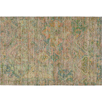 Close-up of the Dalyn Luxury Indoor/Outdoor Tabrook TB6 Blush Area Rug. Beige, blush pink, green, and teal farmhouse style.