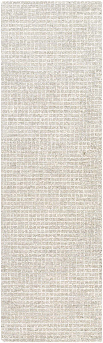 Close-up of the Andreas Handmade Vivir x LIVABLISS VVAN-2303 Area Rug. Hand-tufted wool rug in dove gray, ivory, and pearl with a grid pattern. Design-Runner-310