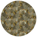 Close-up of round Dalyn Tropics TC11 Clay Washable Area Rug with brown, ivory tropical pineapple and monstera leaf pattern.