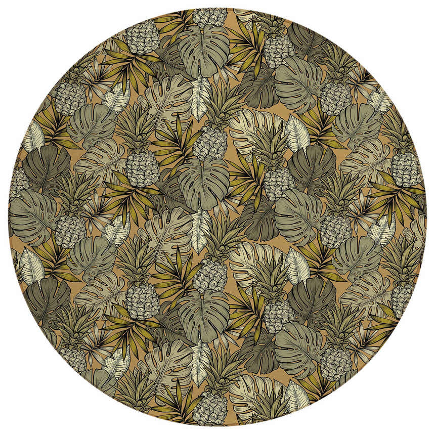 Close-up of round Dalyn Tropics TC11 Clay Washable Area Rug with brown, ivory tropical pineapple and monstera leaf pattern.