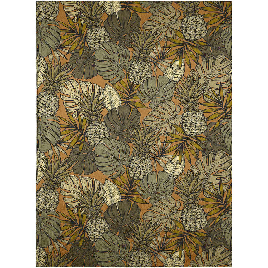 Close-up of Dalyn Tropics TC11 Clay Washable Area Rug with pineapple and tropical leaf pattern in brown, ivory, and green.