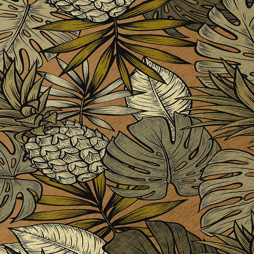 Close-up of Dalyn Tropics TC11 Clay Washable Area Rug featuring a tropical leaf and pineapple pattern in brown, ivory, and green.