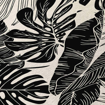 Close-up of Dalyn Tropics TC16 Eclipse rug, featuring a bold black tropical leaf pattern on an eclipse background.