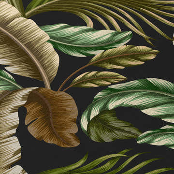 Close-up of Dalyn Tropics TC1 Black Washable Area Rug, featuring a tropical leaf pattern in aloe, beige, brown, and olive.