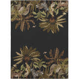 Close-up of the Dalyn Tropics TC8 Black Washable Area Rug featuring a tropical jungle print with animals and palm trees.