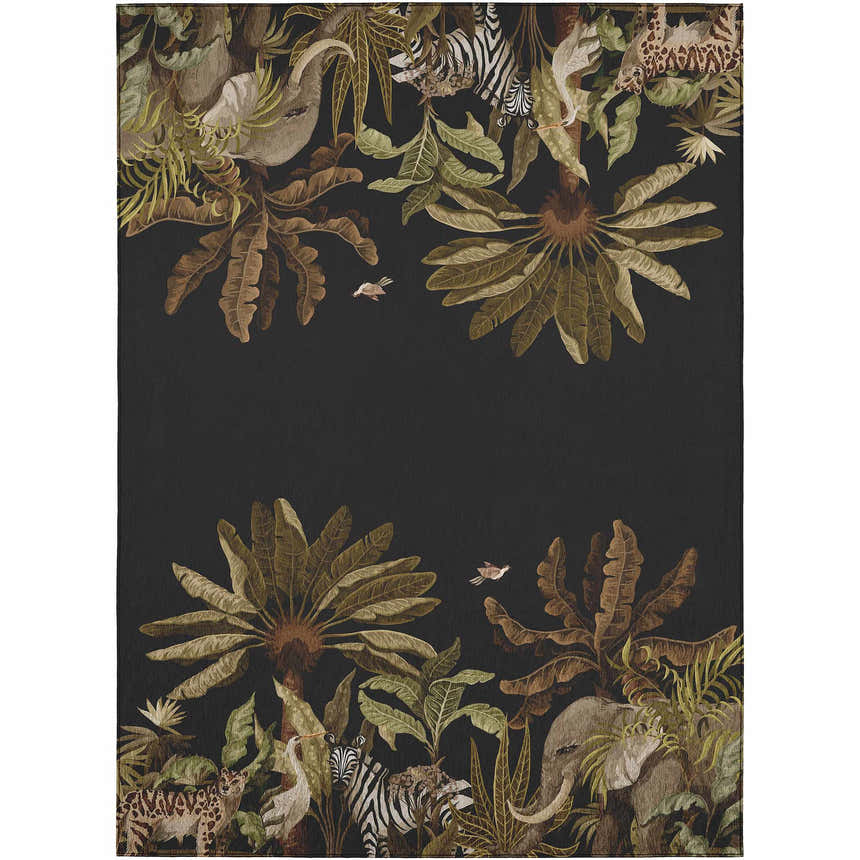 Close-up of the Dalyn Tropics TC8 Black Washable Area Rug featuring a tropical jungle print with animals and palm trees.
