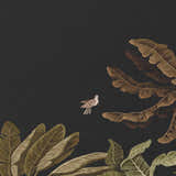 Close-up of Dalyn Tropics TC8 Black Washable Area Rug. Features a tropical leaf and bird pattern in aloe, beige, and brown tones.