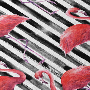 Close-up of Dalyn Tropics TC9 Black Washable Area Rug featuring pink flamingos on a black and white striped background.