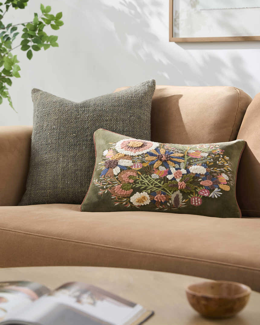Verona Olive Floral Nature Pattern Cottage Cotton Lumbar Pillow - Clearance