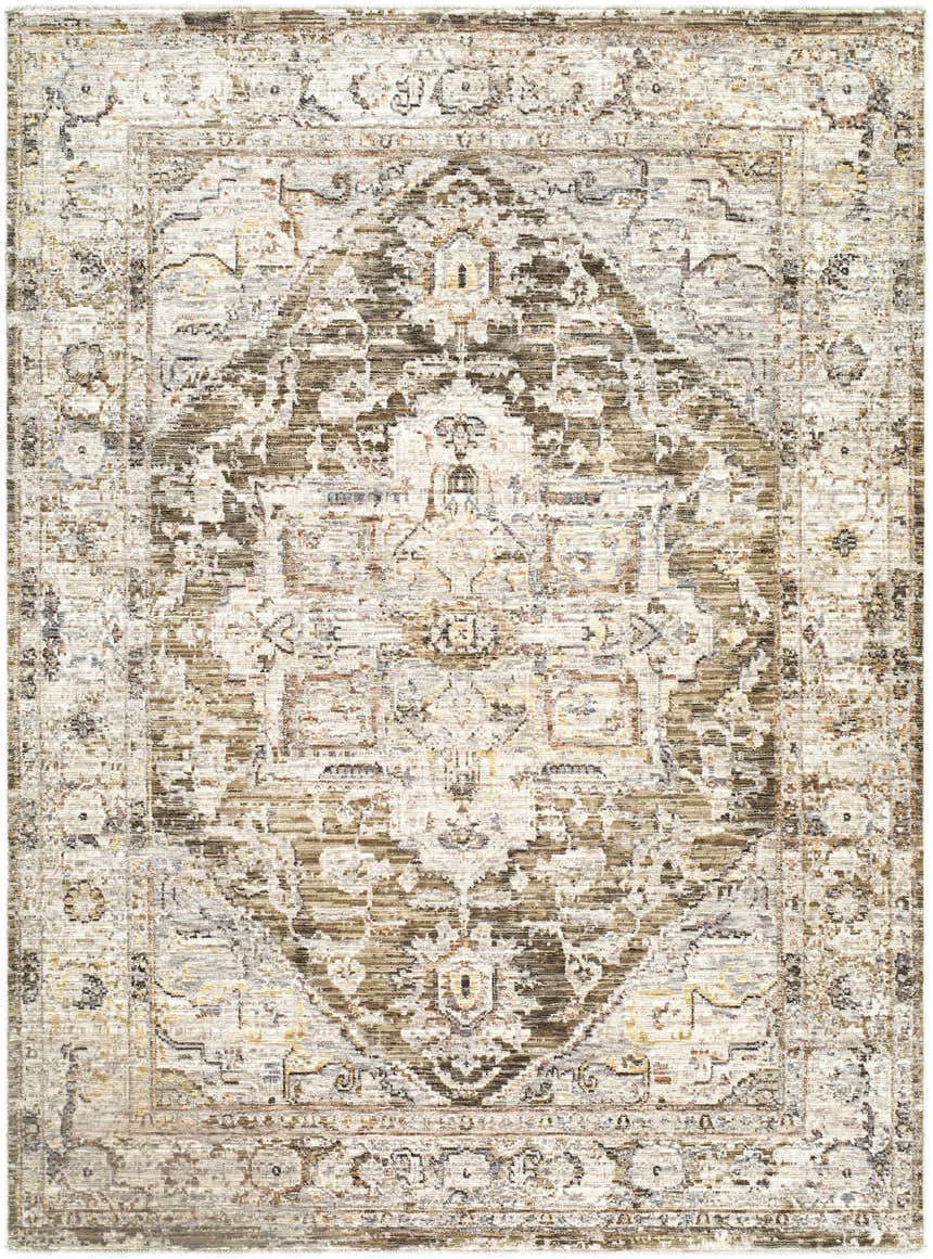 Detailed cream Avelyn area rug with dark brown, red, gray, and denim traditional farmhouse pattern. Design-Rectangle-537