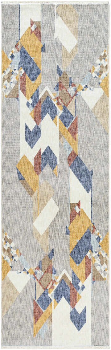 Close-up of the Timea Area Rug. Contemporary geometric design in burnt orange, dark red, gray, ice blue, navy, and white. Design-Runner-2710