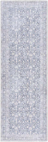 Close-up of Lorelai Machine Woven Washable Area Rug. Beige and blue traditional pattern with a subtle farmhouse style. Design-Runner-2676