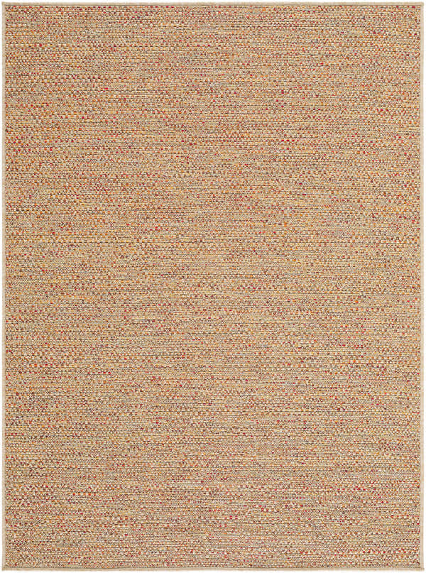 Close-up of the Thanh Beige Area Rug showing its woven texture and beige, coral, mustard, and terracotta colors. Design-Rectangle-57