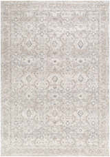 Close-up of the Tyren Area Rug with a traditional design in cream, light slate, sage, slate blue, and tan colors. Design-Rectangle-6796