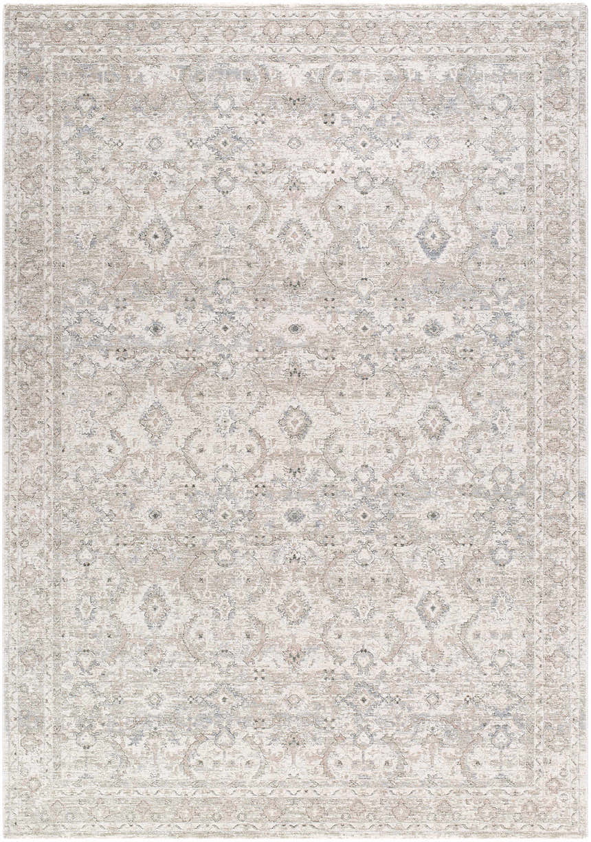 Close-up of the Tyren Area Rug with a traditional design in cream, light slate, sage, slate blue, and tan colors. Design-Rectangle-6796