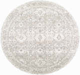 Close-up of the round Tyren Area Rug. Cream, light slate, sage, tan colors in a traditional, machine-woven pattern. Design-Round-67