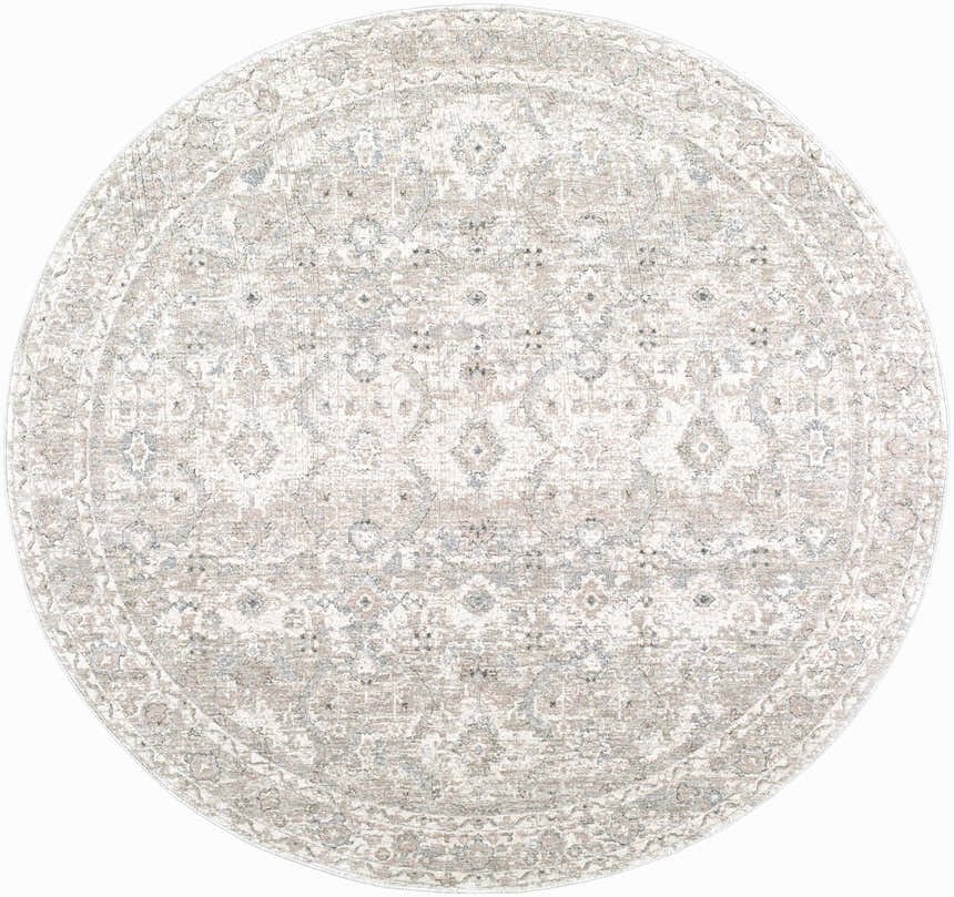 Close-up of the round Tyren Area Rug. Cream, light slate, sage, tan colors in a traditional, machine-woven pattern. Design-Round-67