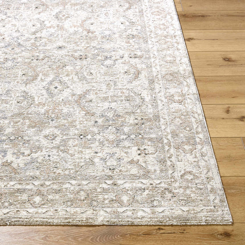 Close up of the Tyren Area Rug showing cream, light slate, and tan colors with a traditional pattern. Front