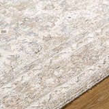 Close-up of the Tyren Area Rug showing its cream, light slate, sage, and tan colors and traditional pattern. Texture