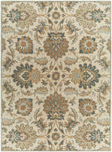 Detailed floral pattern of the hand-tufted wool Teom Area Rug in beige, camel, and blue. Farmhouse style. Design-Rectangle-811