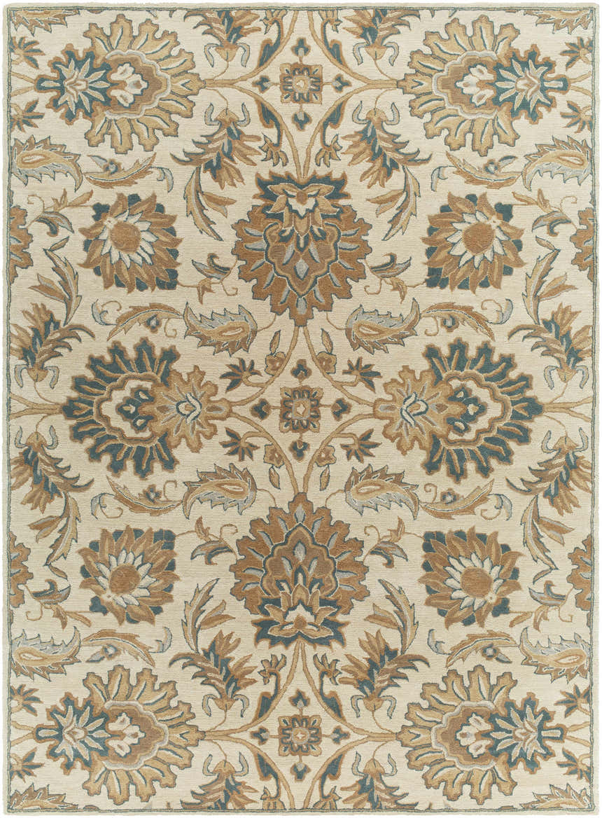 Detailed floral pattern of the hand-tufted wool Teom Area Rug in beige, camel, and blue. Farmhouse style. Design-Rectangle-811