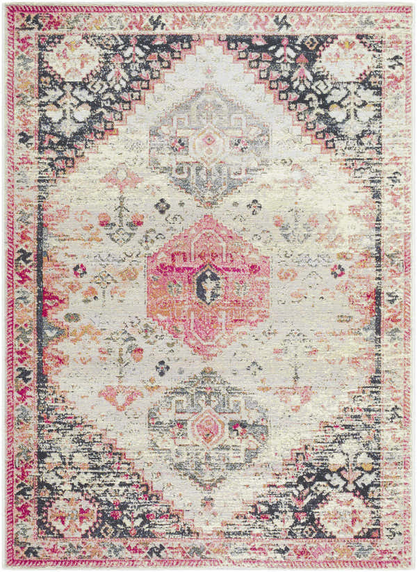 Close-up of the Trudy Area Rug, a farmhouse style rug with a traditional design in pink, black, and cream. Design-Rectangle