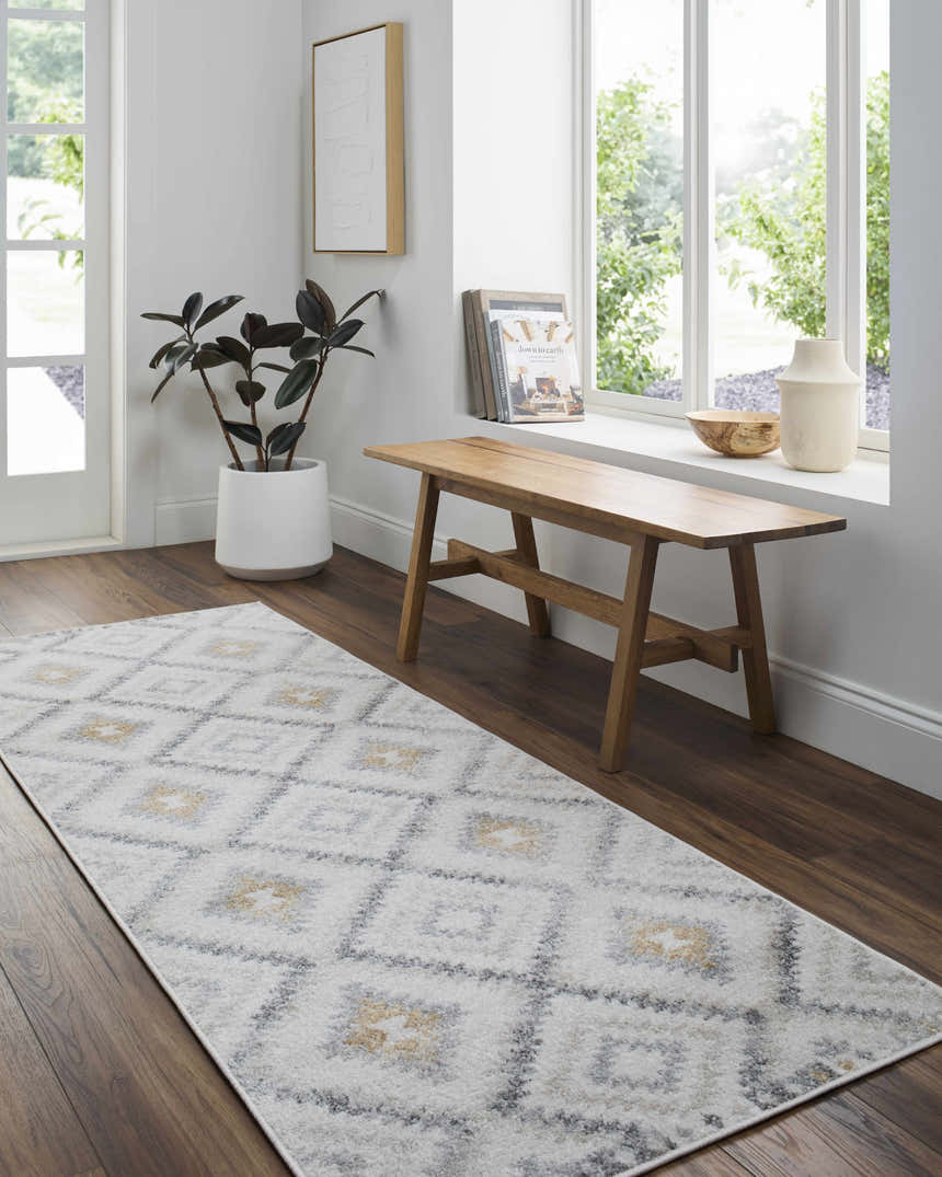 Entryway with a Tyipa Area Rug runner in charcoal, cream, and mustard, styled with a wooden bench and potted plant. Roomscene-Runner