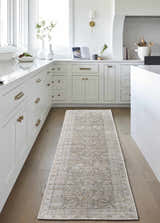 Farmhouse kitchen with a Tisha Washable Area Rug runner in gray, silver, and tan colors. Roomscene-Runner