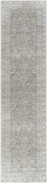 Close-up of the Tisha Washable Area Rug. Farmhouse style runner rug in gray, light silver, and tan with a traditional pattern. Design-Runner-2710