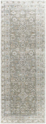 Close-up of the Tisha Washable Area Rug, a traditional runner rug in gray, tan, and silver with a farmhouse-style geometric pattern. Design-Runner-2773