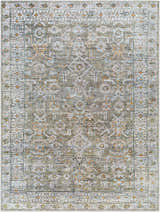 Close-up of the Tisha Washable Area Rug. Farmhouse style rug with traditional gray, tan, and silver floral pattern. Design-Rectangle-537